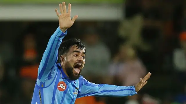 Rashid Khan of MI Cape Town appeals for a wicket
