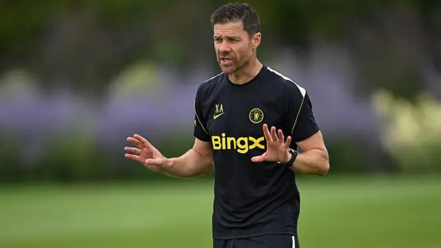 Manager Xabi Alonso of Chelsea reacts during a training session at Chelsea training ground