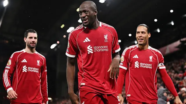 Ibrahima Konate after scoring for Liverpool against Newcastle, with team-mates Virgil van Dijk and Dominik Szoboszlai behind him