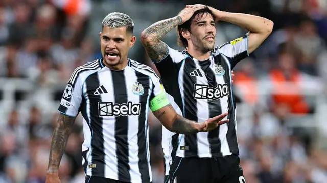 Newcastle's Bruno Guimaraes and Sandro Tonali reacting