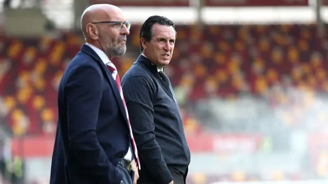 Unai Emery, Manager of Aston Villa, looks on alongside Ramon Rodriguez Verdejo 'Monchi', President of Football Operations at Aston Villa
