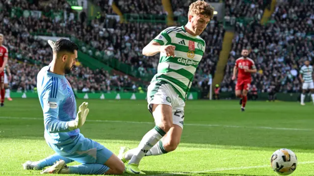 Aberdeen's Dimitar Mitov is beaten to the ball by Arne Engels