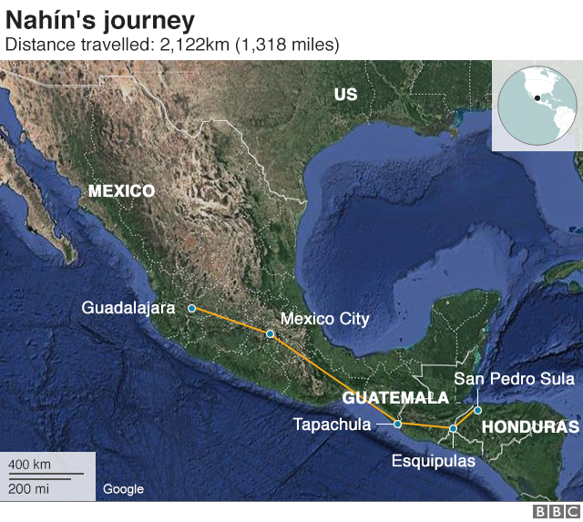 Map showing the journey Nahín made