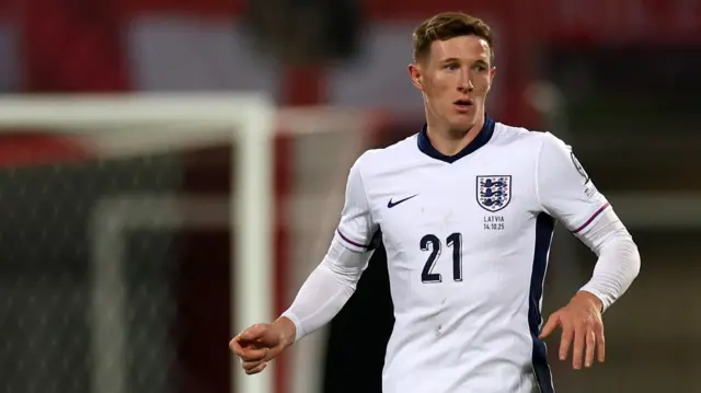 England's Elliot Anderson runs with the ball during the World Cup qualifier match against Latvia