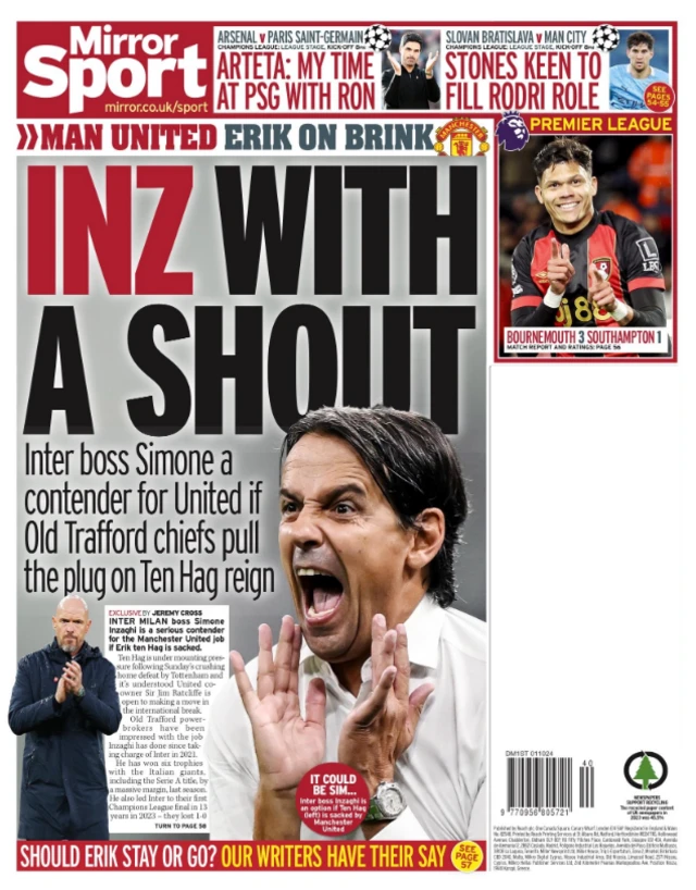 Mirror back page 'Inz with a shot' as Inter boss the latest manager rumoured for the job