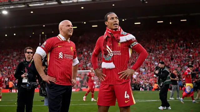 Arne Slot and Virgil van Dijk standing on the pitch at Anfield. 