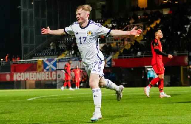 Lyall Cameron celebrates putting Scotland 2-0 up against Belgium