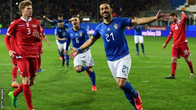 Fabio Quagliarella celebrates scoring for Italy