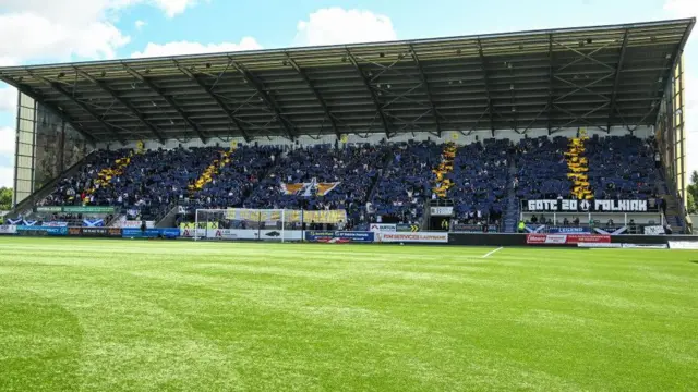 Falkirk fans reveal a display before a William Hill Premiership match between Falkirk and Dundee United at the Falkirk Stadium, on August 02, 2025, in Falkirk,