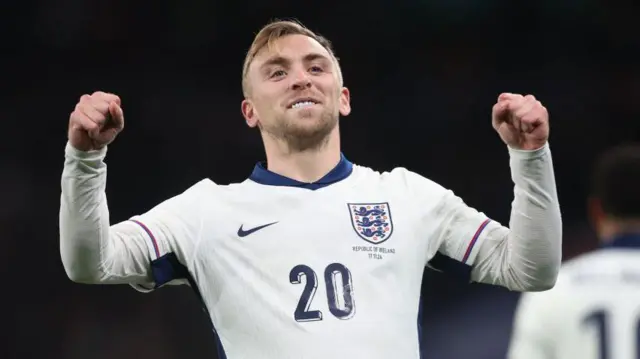 Jarrod Bowen celebrates scoring goal for England