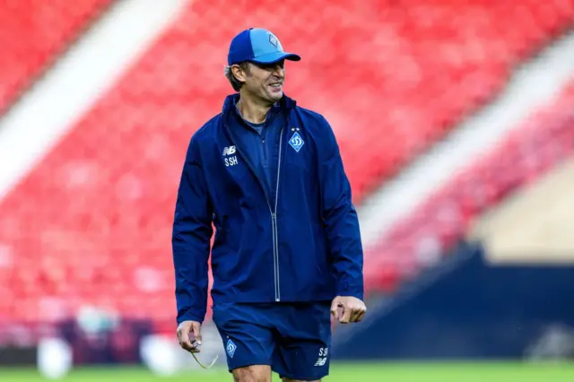 Oleksandr Shovkovskyi oversees his team training at Hampden Park