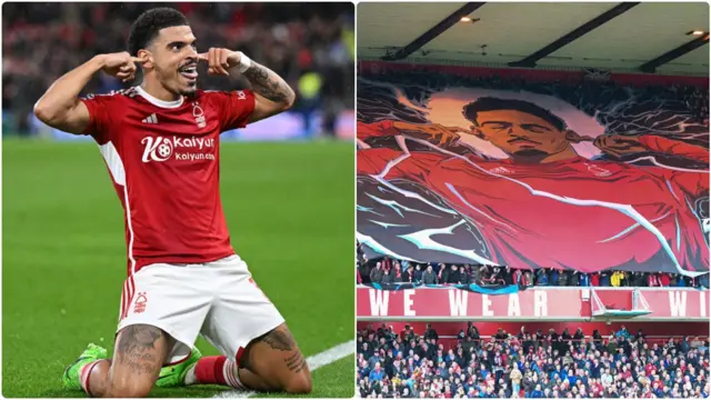 Morgan Gibbs-White celebrates and fans hold a Tifo of him celebrating with a finger in each ear