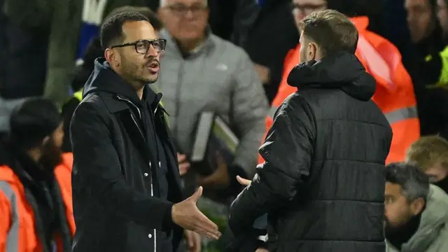 Liam Rosenior shaking hands with Fabian Hurzeler after losing to Brighton