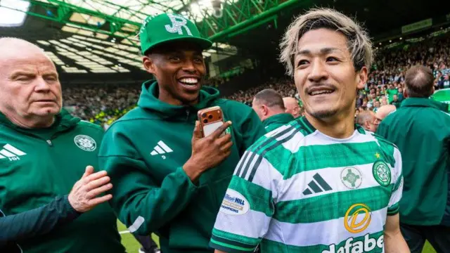 Celtic's Daizen Maeda celebrates last season's title win