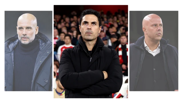 A split image with Pep Guardiola, Mikel Arteta and Arne Slot, with Arteta further forward and more prominent