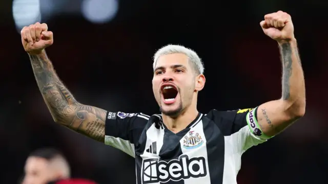 Bruno Guimaraes of Newcastle United celebrates during the Premier League match between Manchester United FC and Newcastle United FC at Old Trafford