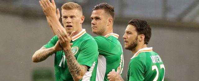 James McClean, Callum O'Dowda and Harry Arter (right) applaud the Irish fans after Sunday's 3-1 win over Uruguay at the Aviva Stadium