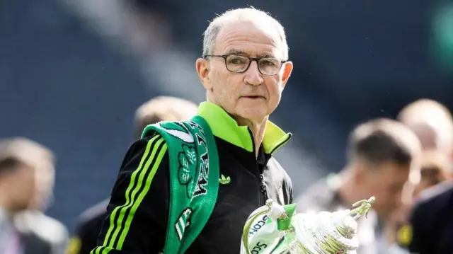 Celtic manager Martin O'Neill with the trophy at full time during the Scottish Gas Men's Scottish Cup Final between Celtic and Dunfermline Athletic at Barclays Hampden