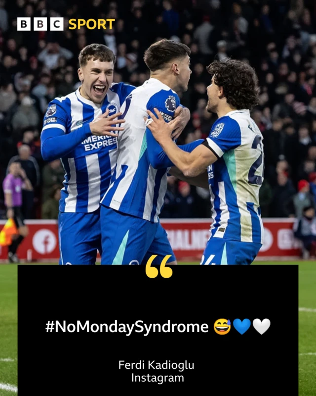 Ferdi Kadioglu Instagram post reading '#NoMondaySyndrome' with a laughing emoji and blue and white hearts