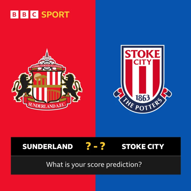 A graphic asking 'What is your score prediction?' with Sunderland and Stoke on opposing sides.