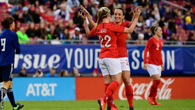 England celebrate Beth Mead's third goal against Japan