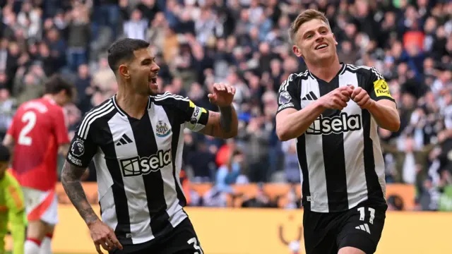 Bruno Guimaraes and Harvey Barnes celebrate goal