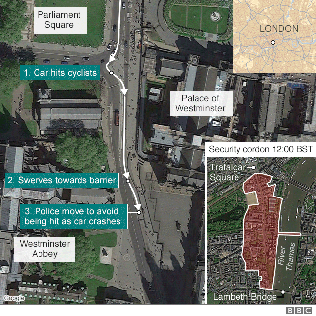 Map showing Westminster crash