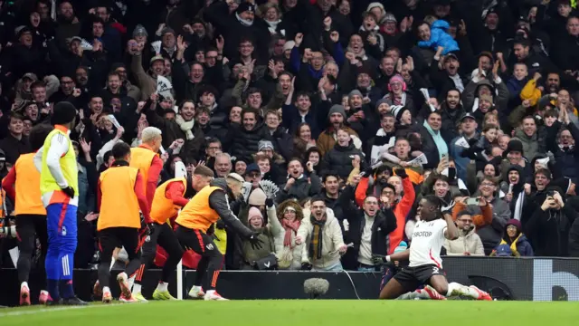 Calvin Bassey celebrates scoring Fulham's winning goal against Nottingham Forest