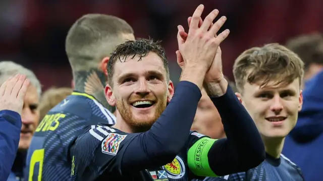 Scotland's Andy Robertson at full time during the UEFA Nations League 2024/25 League A Group A1 match between Poland and Scotland at the PGE Narodowy