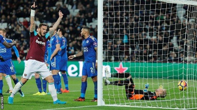 Marko Arnautovic celebrates after West Ham equalise against Leicester