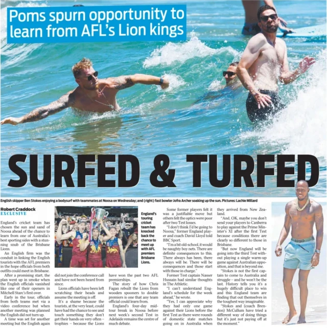 A photo of England players in the ocean in Noosa with the headline 'Surfed & Turfed' in Sydney's Daily Telegraph