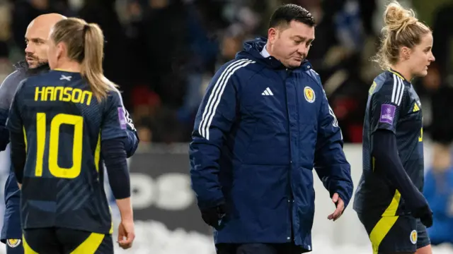 Scotland head coach Pedro Martinez Losa looks dejected at half time during a UEFA Women's Euro 2025 Playoff second leg match between Finland and Scotland at the Bolt Arena