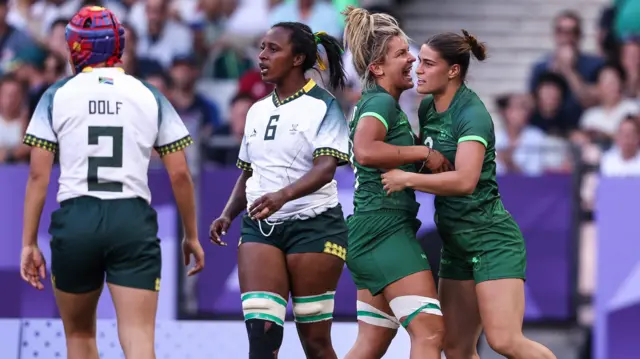 Ireland celebrate scoring a try