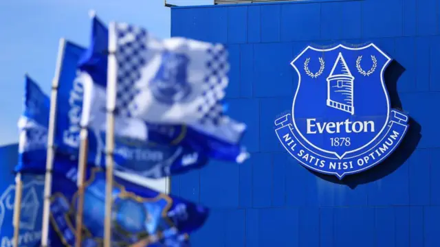 Everton badge and Everton flags at Goodison Park