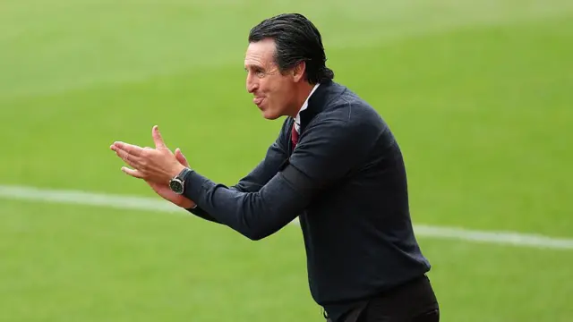 Unai Emery, Manager of Aston Villa, applauds during the Premier League match between Aston Villa and Newcastle United at Villa Park 