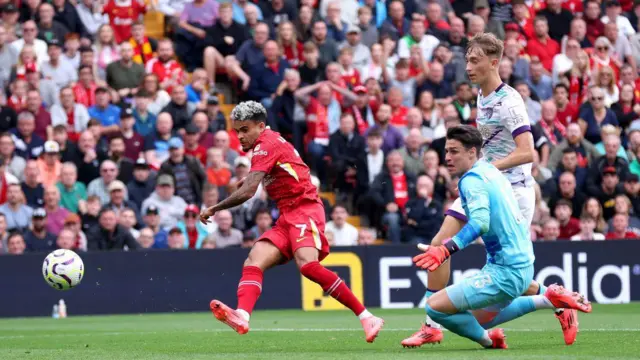 Luis Diaz of Liverpool scores his team's first goal past Kepa Arrizabalaga of AFC Bournemouth during the Premier League match between Liverpool FC and AFC Bournemouth 