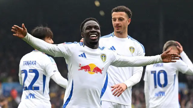 Wilfried Gnonto of Leeds United celebrates scoring his team's sixth goal against Stoke City