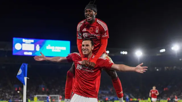 Nottingham Forest striker Chris Wood celebrates his goal versus Leicester City with Anthony Elanga 