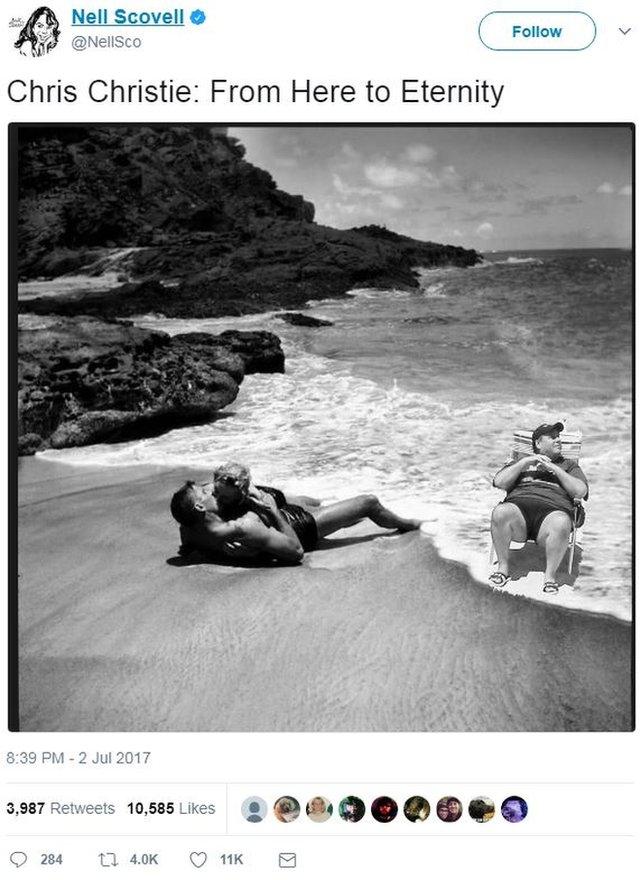 A black and white picture of Chris Christie lounging in a deckchair, superimposed on a scene from the film From Here to Eternity, where Burt Lancaster kisses Deborah Kerr in the surf