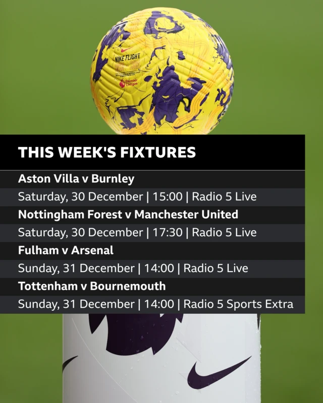 This week's fixtures: Aston Villa v Burnley, Saturday 30 December, 1500, Radio 5 Live, Nottigham Forest v Man Utd, 30 Decembeber, 17:30, Radio 5 Live, Fulham v Arsenal Sunday 31 Decmber 1400 5 Live, Tottenham v Bournemouth 31 December 1400 5 Sports extra