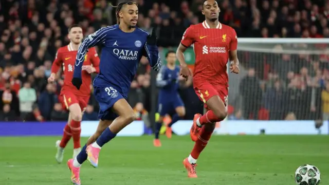 Bradley Barcola in action for Paris St-Germain against Liverpool