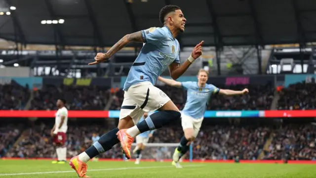 Savinho of Manchester City celebrates scoring his team's first goal against West Ham