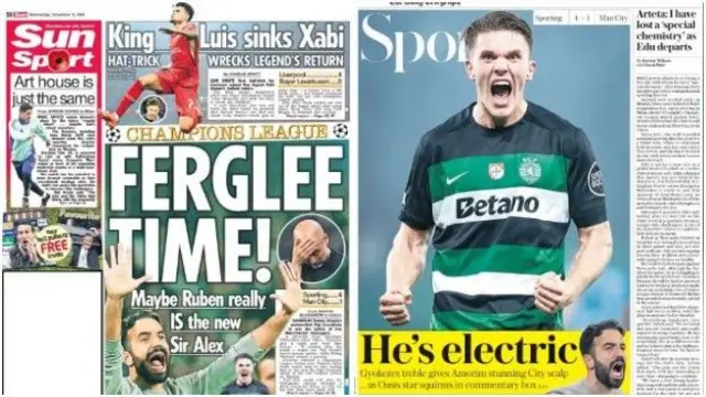 Wednesday's newspapers make for tricky reading for Manchester City fans and have a Manchester United slant.
Incoming United manager Ruben Amorim is hailed. The Star calls him 'Ruben Hammerin' after his Sporting Lisbon side beat City 4-1.
'Manchester here I come' reads The Times.
The Sun goes with 'Ferglee Time' and points to Amorim's own words given he'd stated if Sporting overcame City, United fans may think they are getting the next Sir Alex Ferguson in as manaager.
Finally The Guardian goes for some Oasis, simply stating 'He's electric', with a nod to both hat-trick hero Viktor Gyokeres and Amorim.
