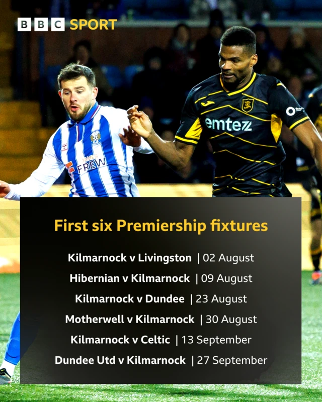 First six Premiership fixtures: Kilmarnock v Livingston, Hibernian v Kilmarnock, Kilmarnock v Dundee, Motherwell v Kilmarnock, Kilmarnock v Celtic, Dundee Utd v Kilmarnock