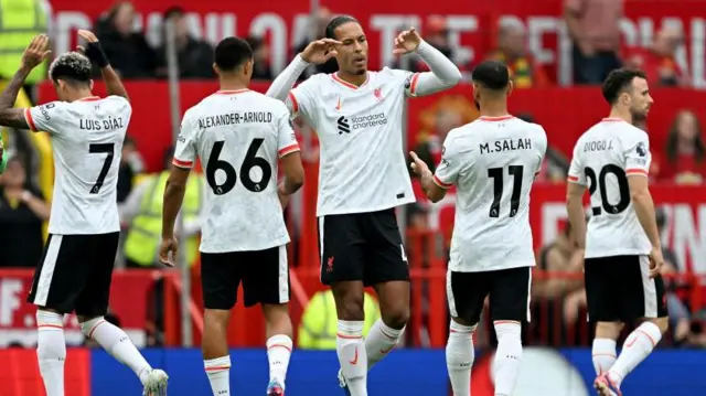 Luis Diaz, Trent Alexander-Arnold, Virgil van Dijk, Mohamed Salah and Diogo Jota celebrate after Liverpool score vs Manchester United.