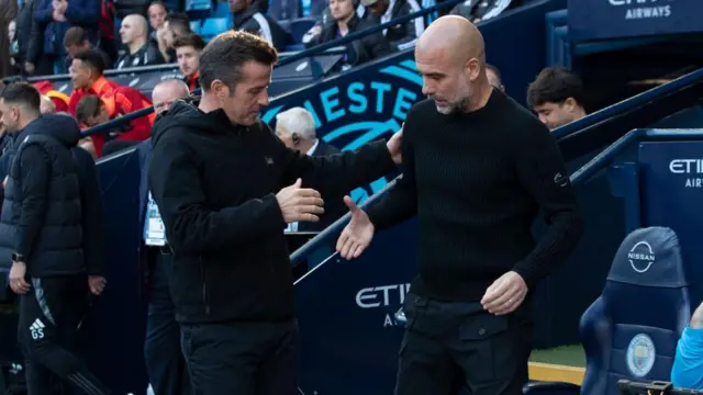 Manchester City manager Pep Guardiola and Fulham FC manager Marco Silva shake hands