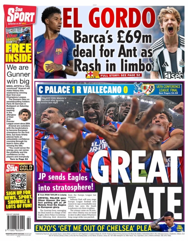 'Great Mate' A picture of Mateta celebrating Palace's Conference League win