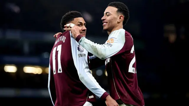 Ollie Watkins and Morgan Rogers celebrate together