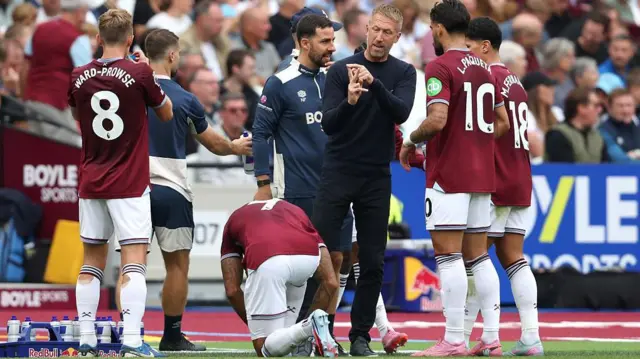 Graham Potter issuing instructions to his West Ham players on the touchline during the game against Crystal Palace