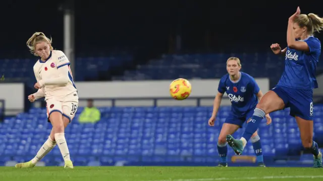 Wieke Kaptein scoring her first Chelsea goal against Everton 